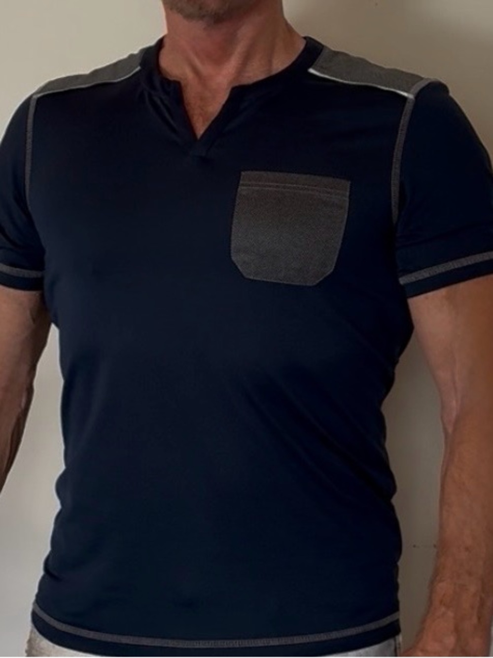 Men's INC Navy Short-Sleeve Pocket Shirt - Contrast Trim